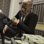 Grand Theft Auto 5 money heist showing masked people in suits putting money into bags