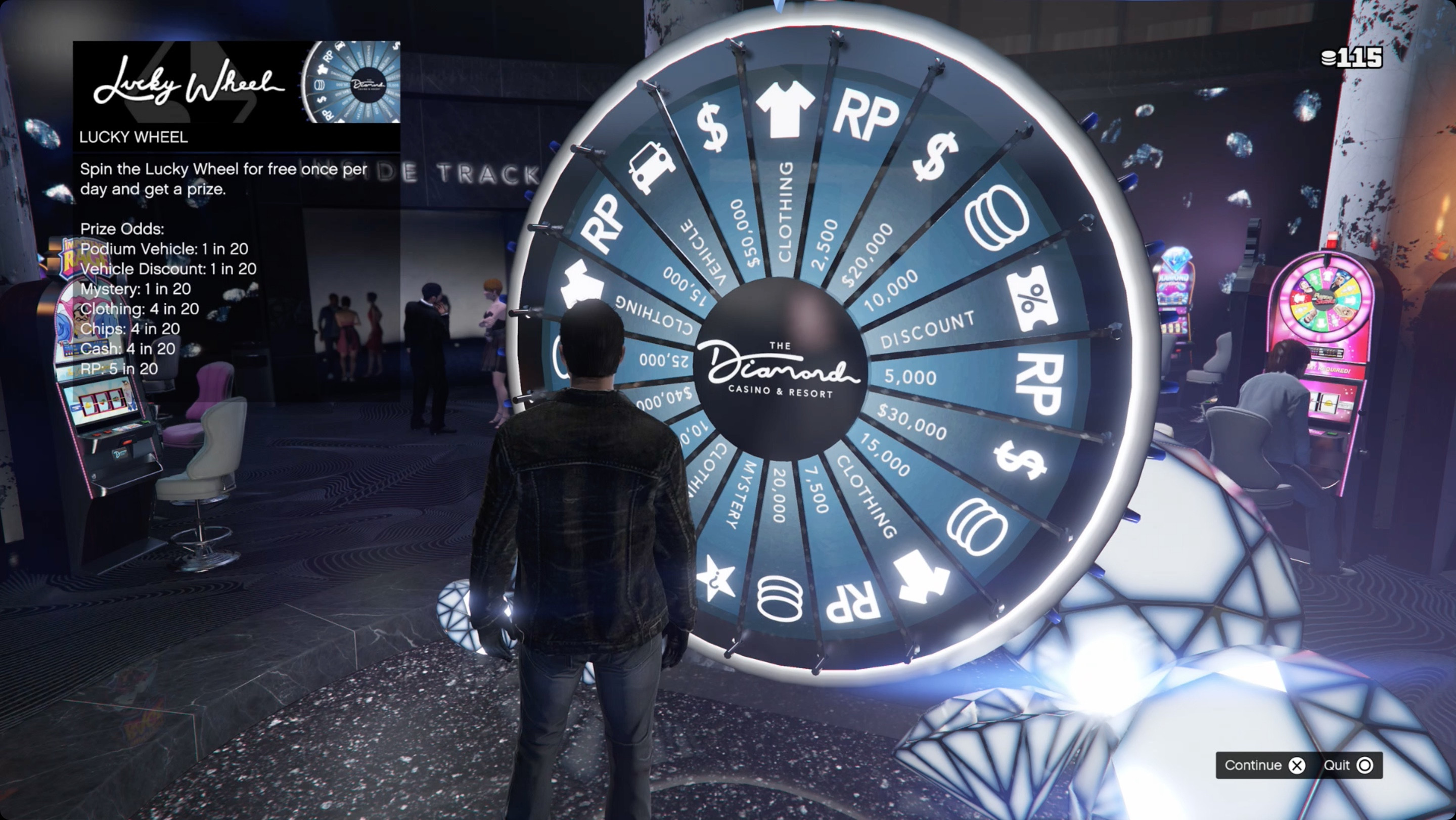 GTA Online player at the Lucky Wheel in the Diamond Casino, illustrating daily money-making opportunities