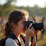 A teenage girl with a camera taking photos