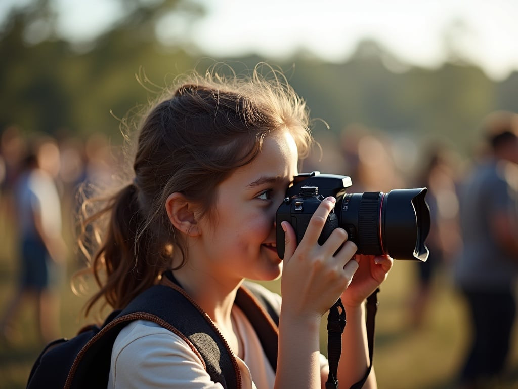 A teenage girl with a camera taking photos