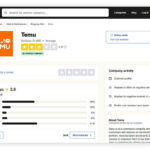 Trustpilot review page for Temu, showing a 2.8 rating.