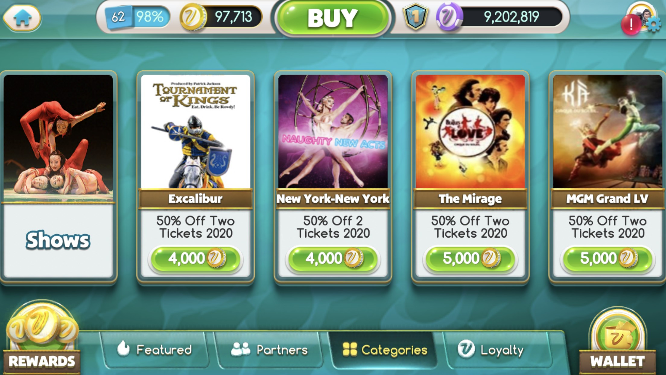 Screenshot of MyVegas Slots App showcasing various Vegas show icons and discounts.