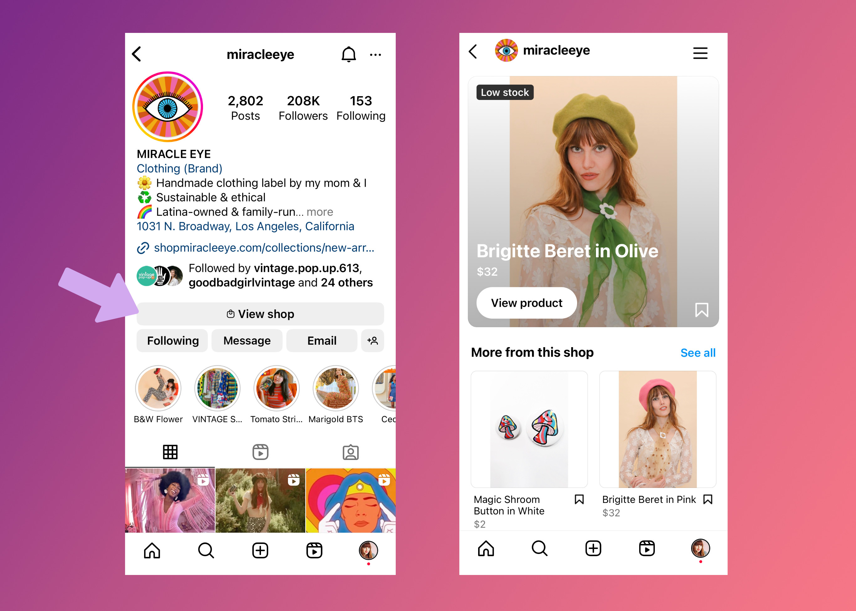 Instagram Shop flow with product details and pricing