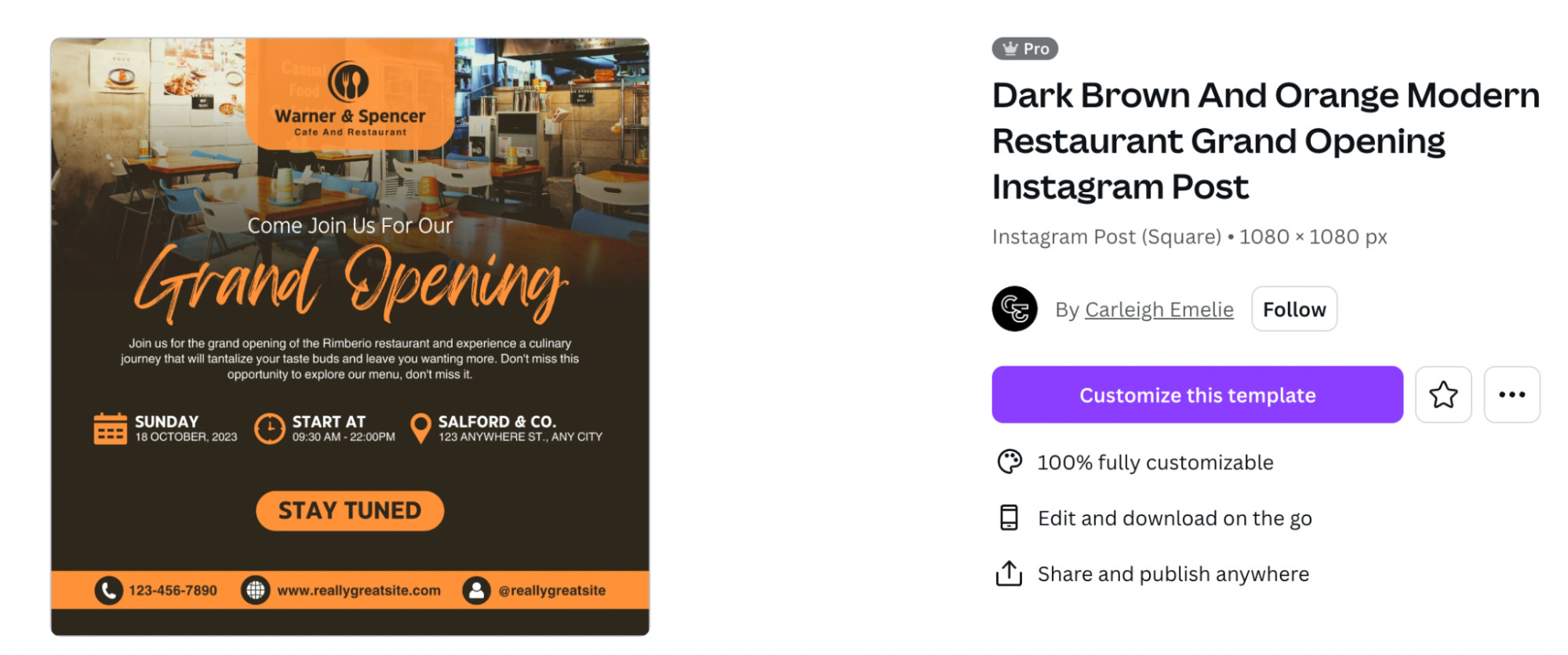 Grand opening invitation with orange text, start time, and date.