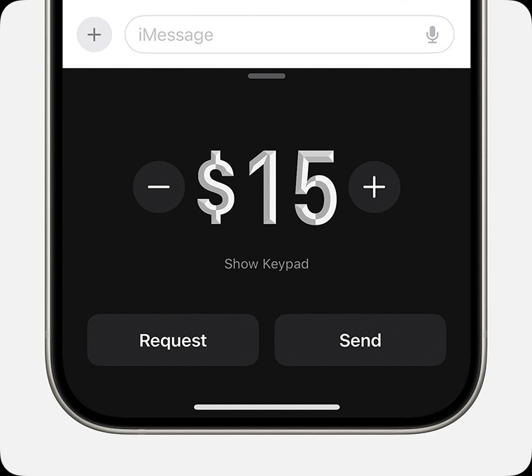 Image of iPhone displaying the Messages app interface, showing the process of requesting money via Apple Cash