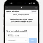 iPhone showing the Report a Problem website where you can request a refund. After you choose Request a refund, choose the reason why you