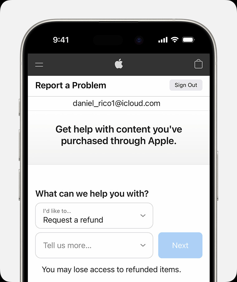iPhone showing the Report a Problem website where you can request a refund. After you choose Request a refund, choose the reason why you