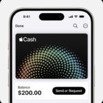 iPhone displaying Apple Pay interface in the Wallet app, showcasing Apple Cash balance and transaction history