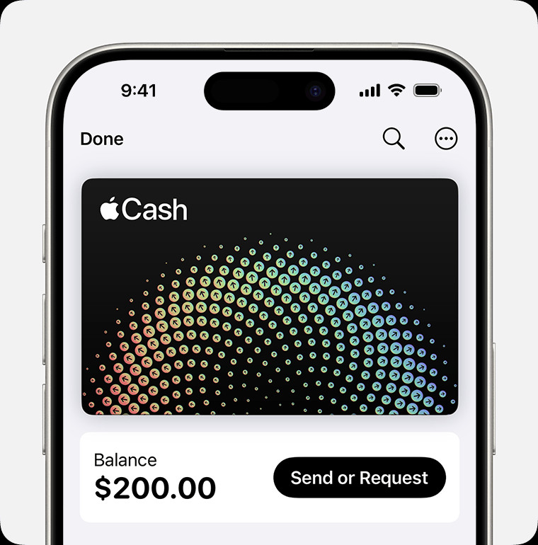 iPhone displaying Apple Pay interface in the Wallet app, showcasing Apple Cash balance and transaction history