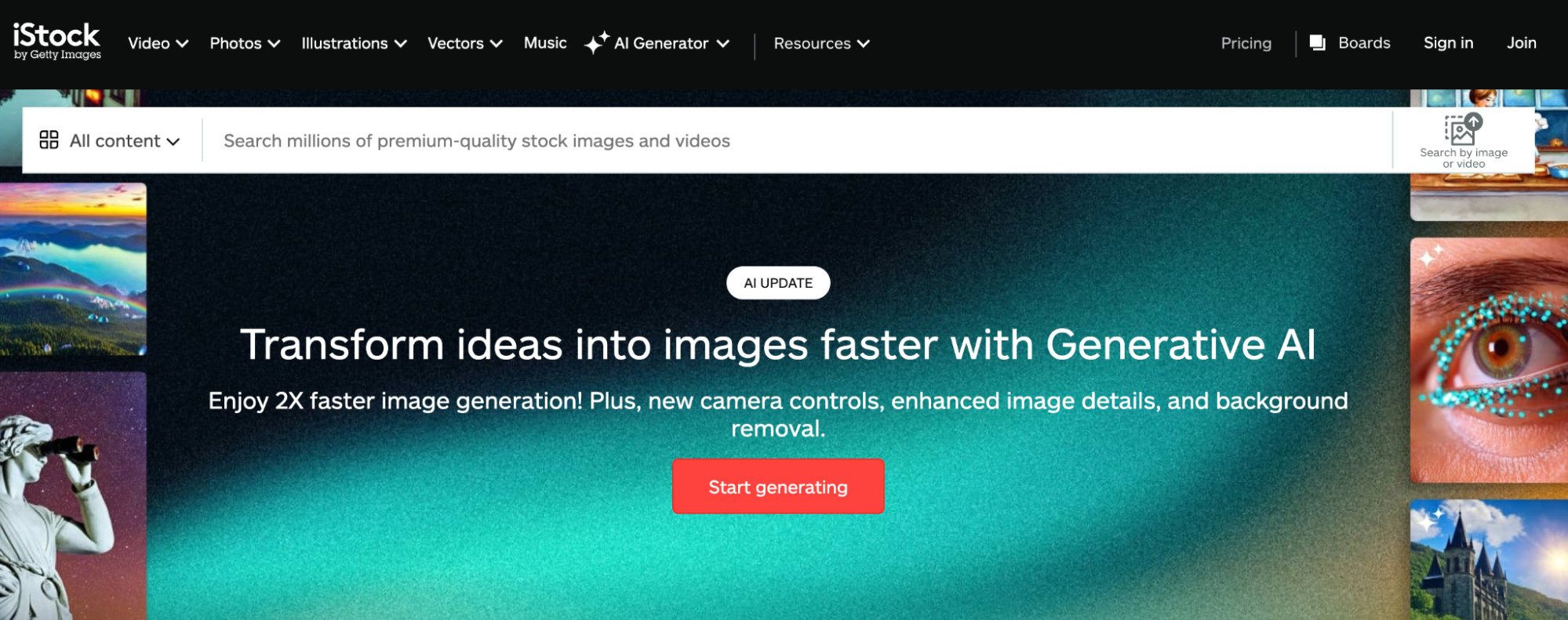 Landing page for iStock that shows its generative AI-powered image creator