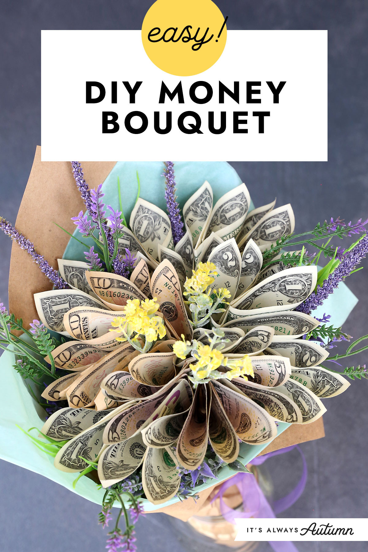 Supplies for folding money flowers: Bills, skewers, tape, pipe cleaners, faux florals, and wrapping paper
