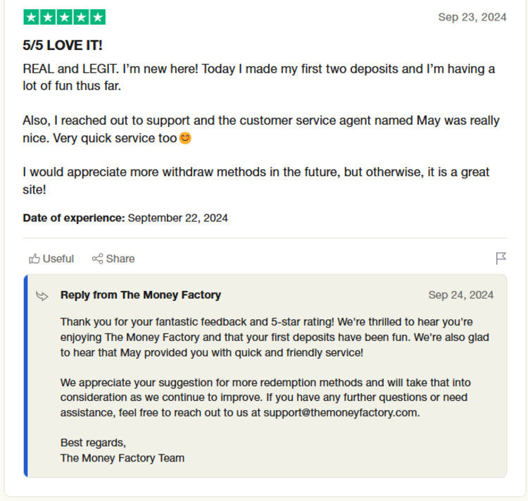 Money Factory Casino Trustpilot review