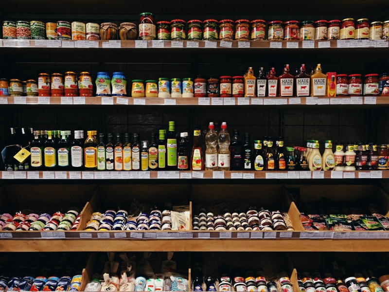 Grocery store aisle filled with various food items