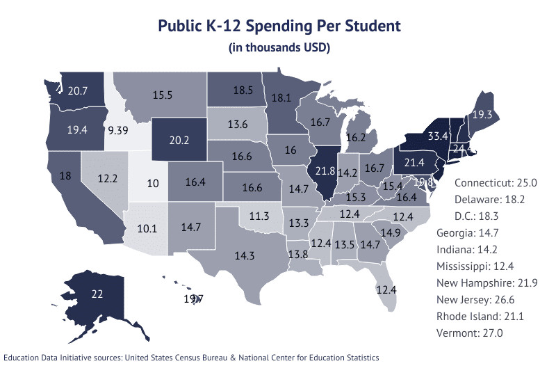 National Map: Public K-12 Spending Per Student according to the U.S. Census Bureau and Department of Education National Center for Education Statistics