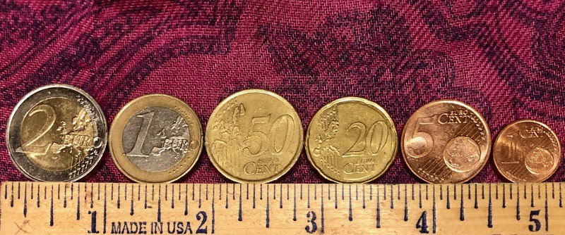 A variety of euro coins lined up on a ruler