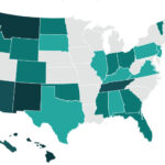 A map of the United States highlighting the percentage of people in private prisons, compiled from 2022 data