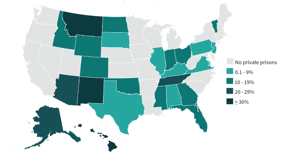 A map of the United States highlighting the percentage of people in private prisons, compiled from 2022 data
