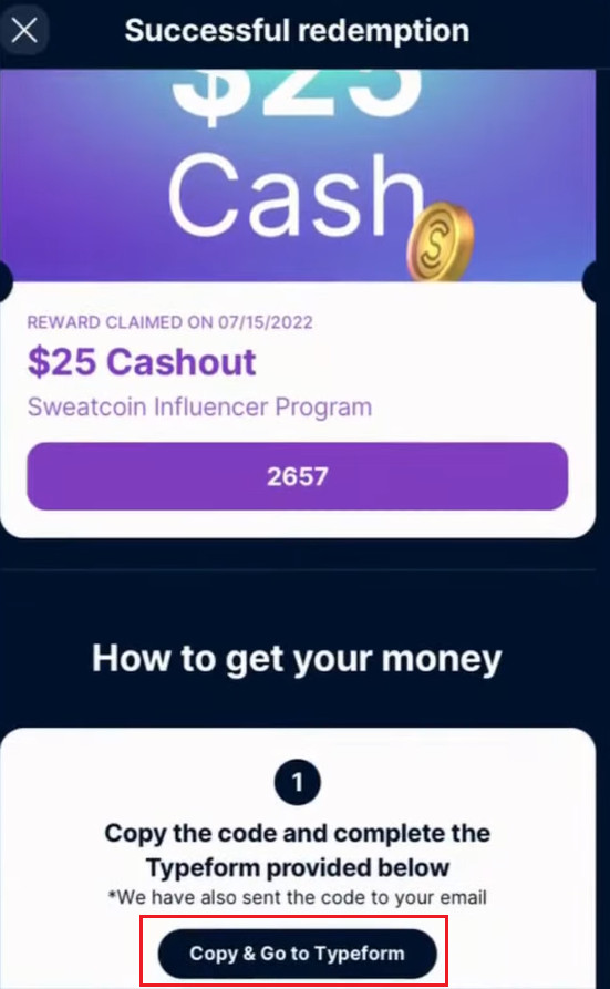 Redeem Sweatcoin Reward screen with PayPal details form