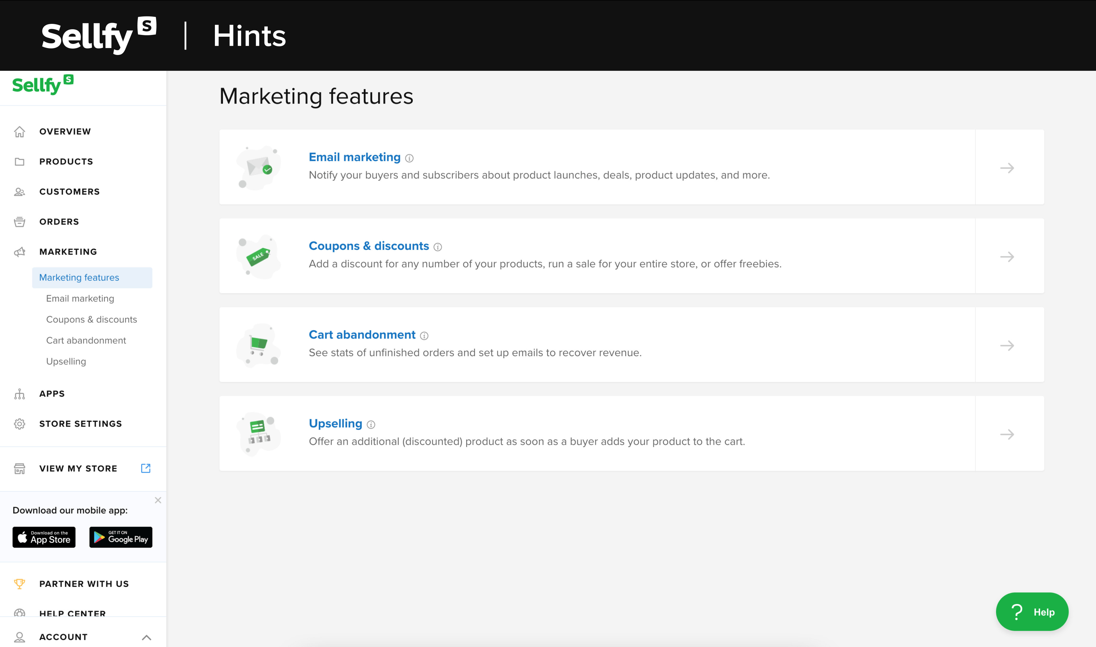 Sellfy's marketing features