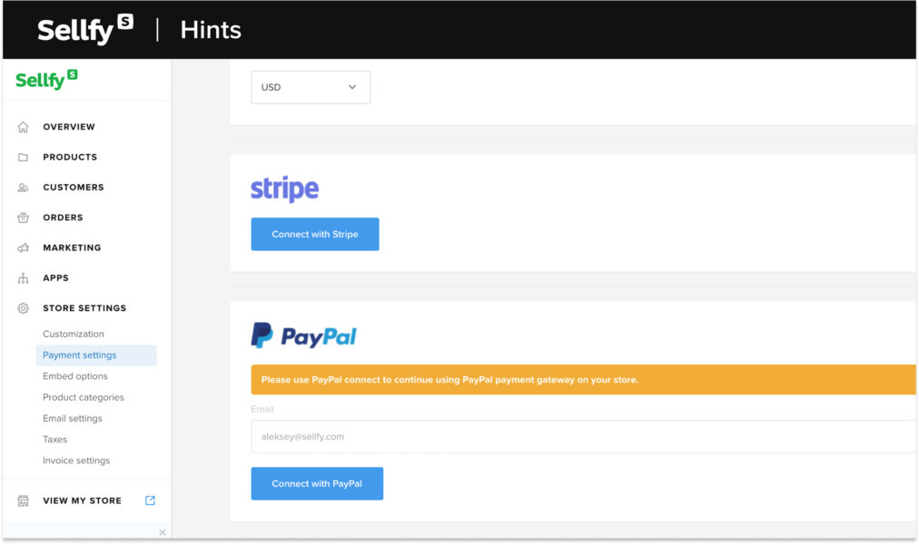 Sellfy's payment options