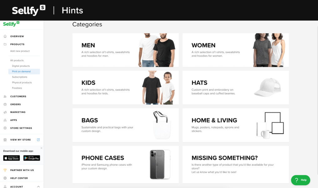 Sellfy's print-on-demand product catalog