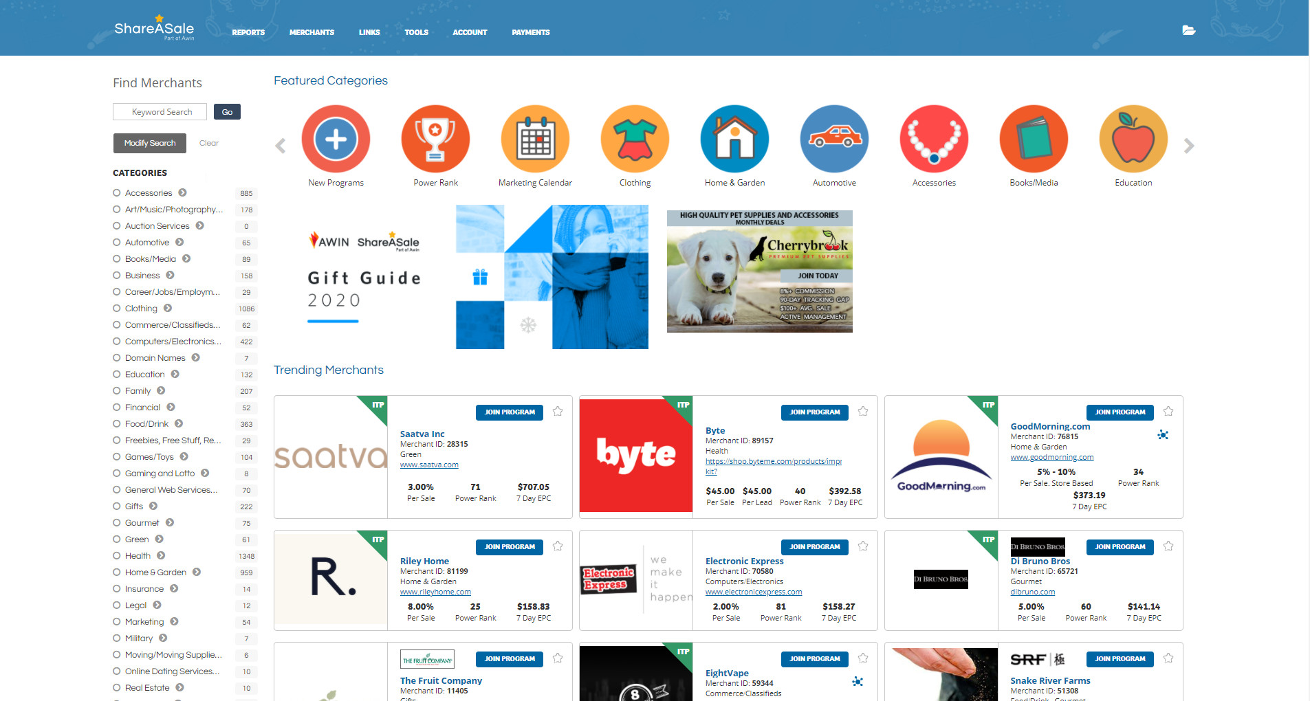 Screenshot showing some of the advertisers available on ShareASale.