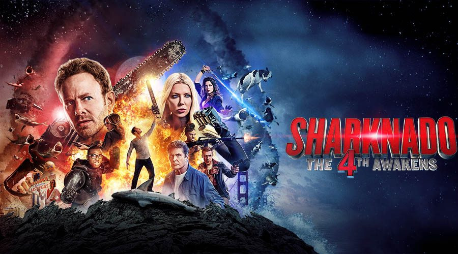 Sharknado movie poster featuring a tornado filled with sharks