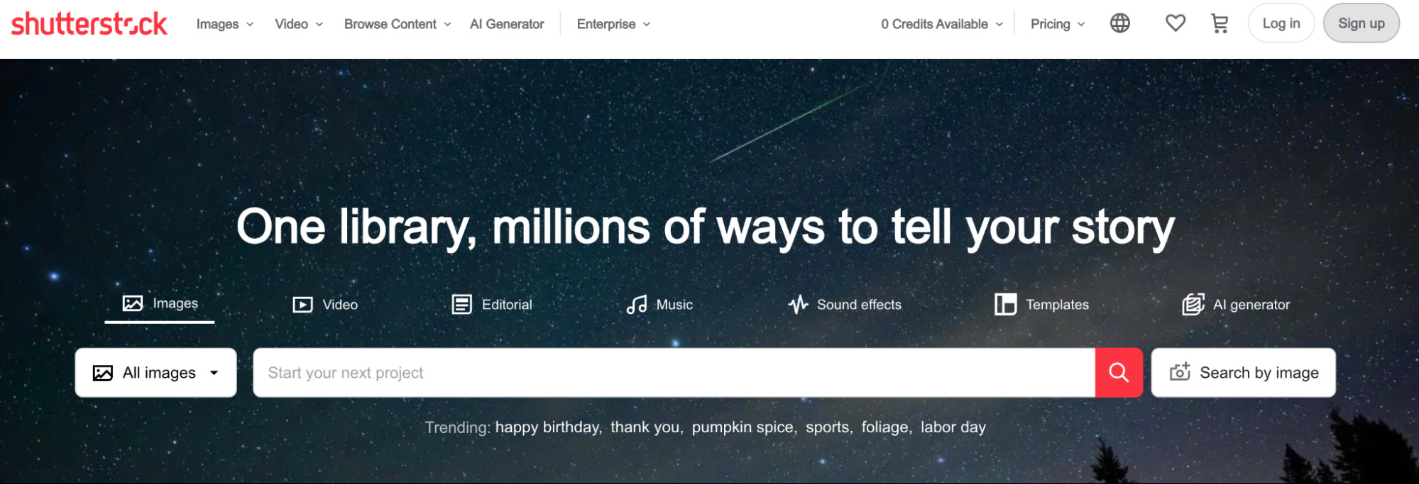 Shutterstock homepage that lets people find royalty-free images, video, and music