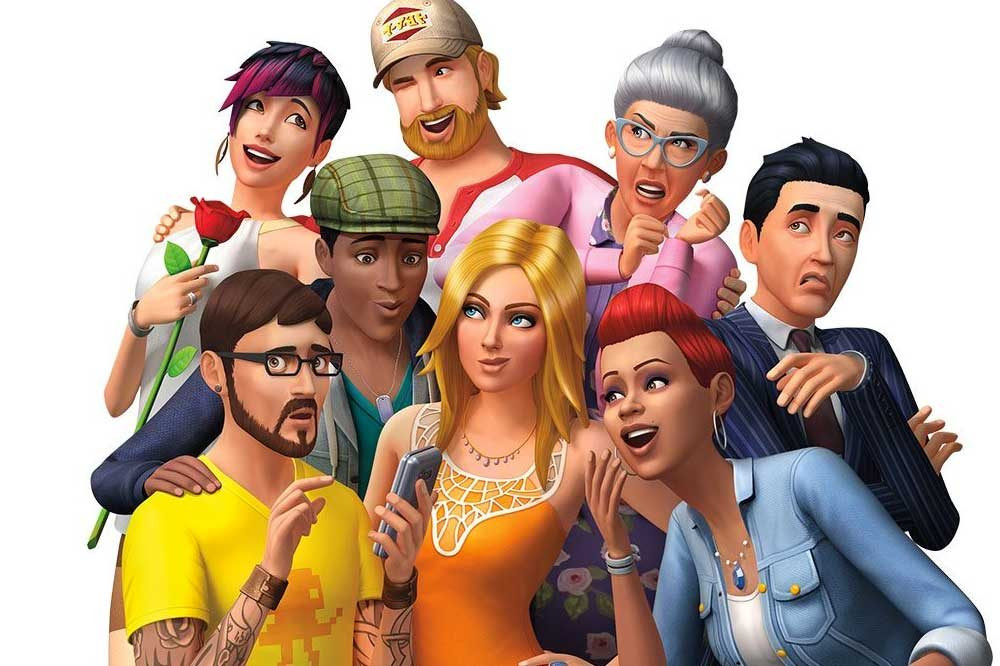 Key art for The Sims 4 showing a group of Sims gathered in front of a white background
