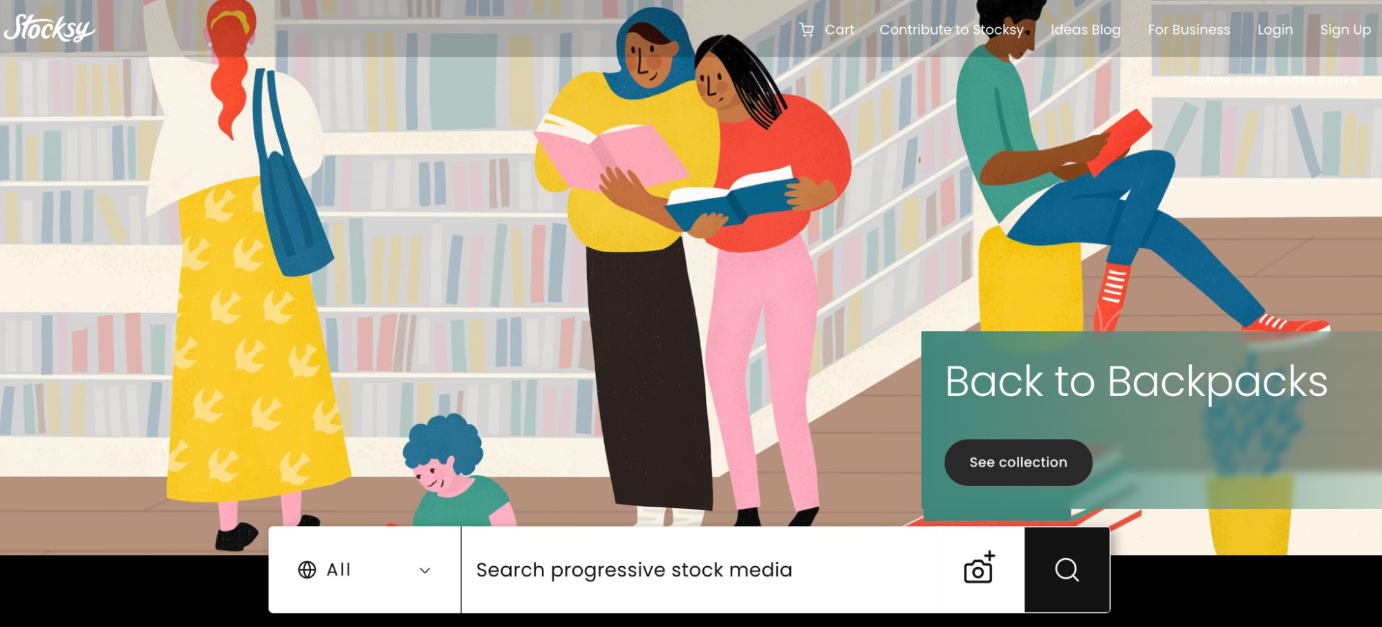 Stocksy homepage with an art graphic of people in a library
