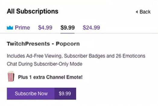 Subscription tiers on Twitch, showing Tier 1, Tier 2, and Tier 3 options with different emotes and benefits