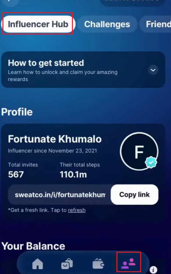 Sweatcoin Influencer Hub showing profile, earnings, and rewards