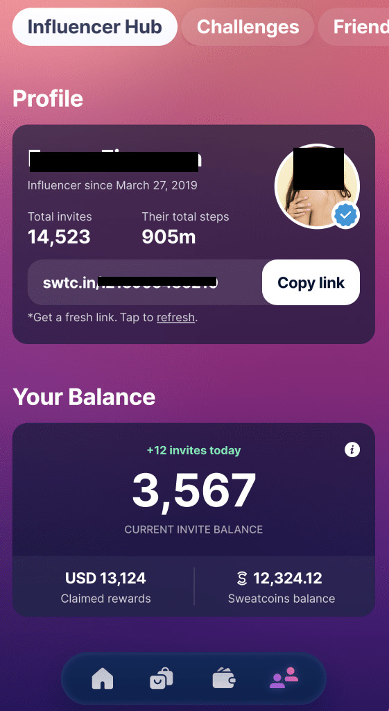 Sweatcoin Influencer Program interface showcasing referral links and promotional content
