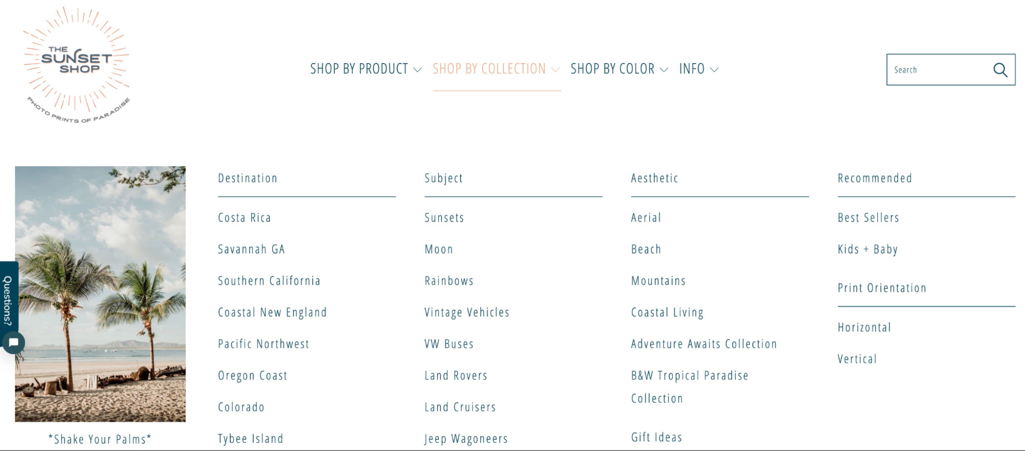 Example product categories on a photo print website include “Costa Rica”, “Sunset”, and “Mountains”