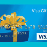 Blue Visa gift card with a present on a white surface