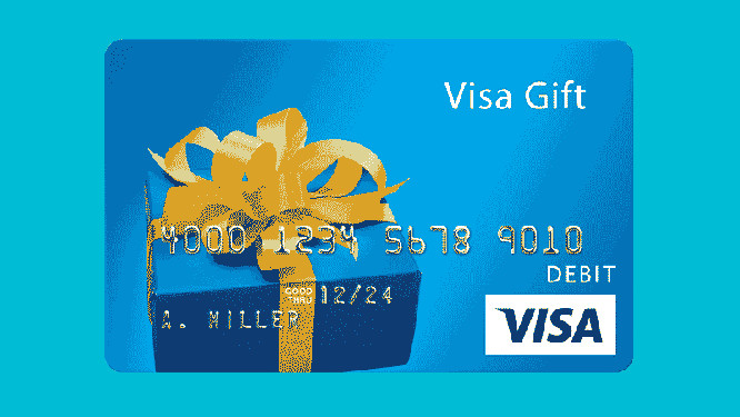 Blue Visa gift card with a present on a white surface