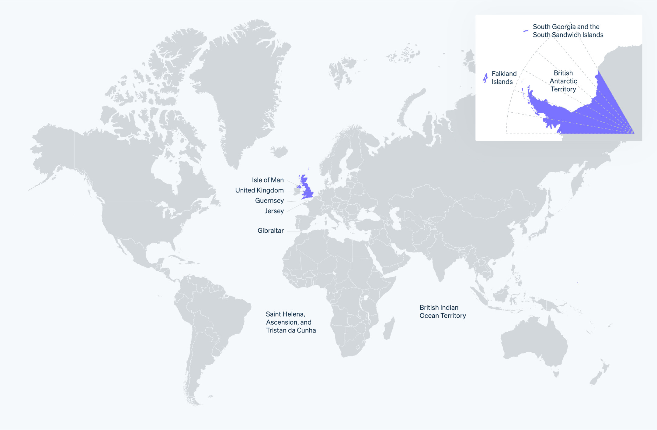 Countries that use the British pound, including the United Kingdom, Falkland Islands, Gibraltar, Guernsey, Isle of Man, Jersey, St Helena, and South Georgia and the South Sandwich Islands.