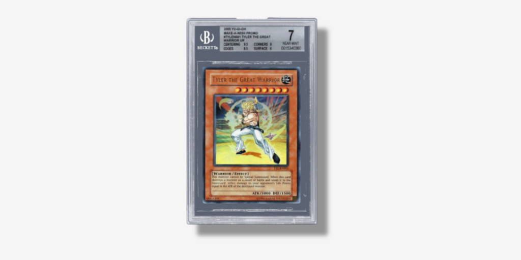 Tyler the Great Warrior. Created in 2005 through the Make-A-Wish Foundation, it is the only one-of-a-kind Yugioh card ever made. Given to Tyler Gressle, a young fan battling a rare form of liver cancer, this legendary card was based on Future Trunks from Dragon Ball Z, symbolizing his strength and perseverance.